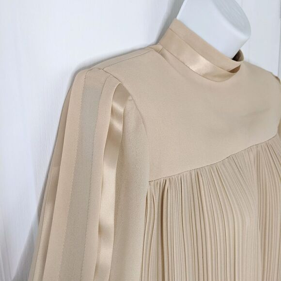 VINTAGE Pleated Midi trapeze Dress with high neck Beige neutral tone Small @L - Picture 4 of 12